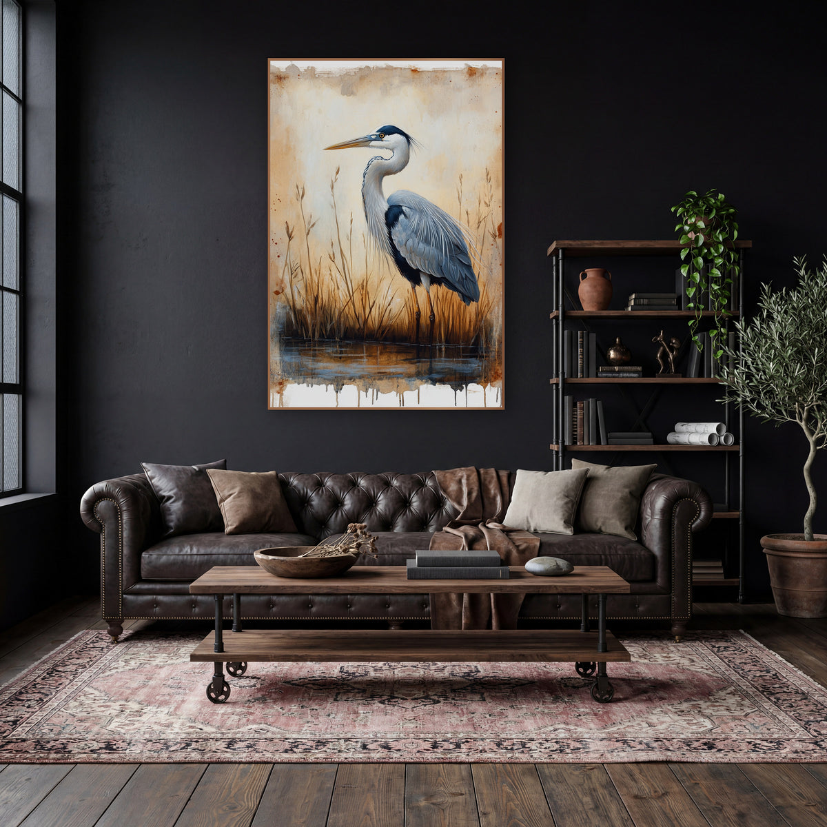 Gray Heron Marsh Study Vintage wall art in a moody dark academia room – gray heron standing in still water among dry