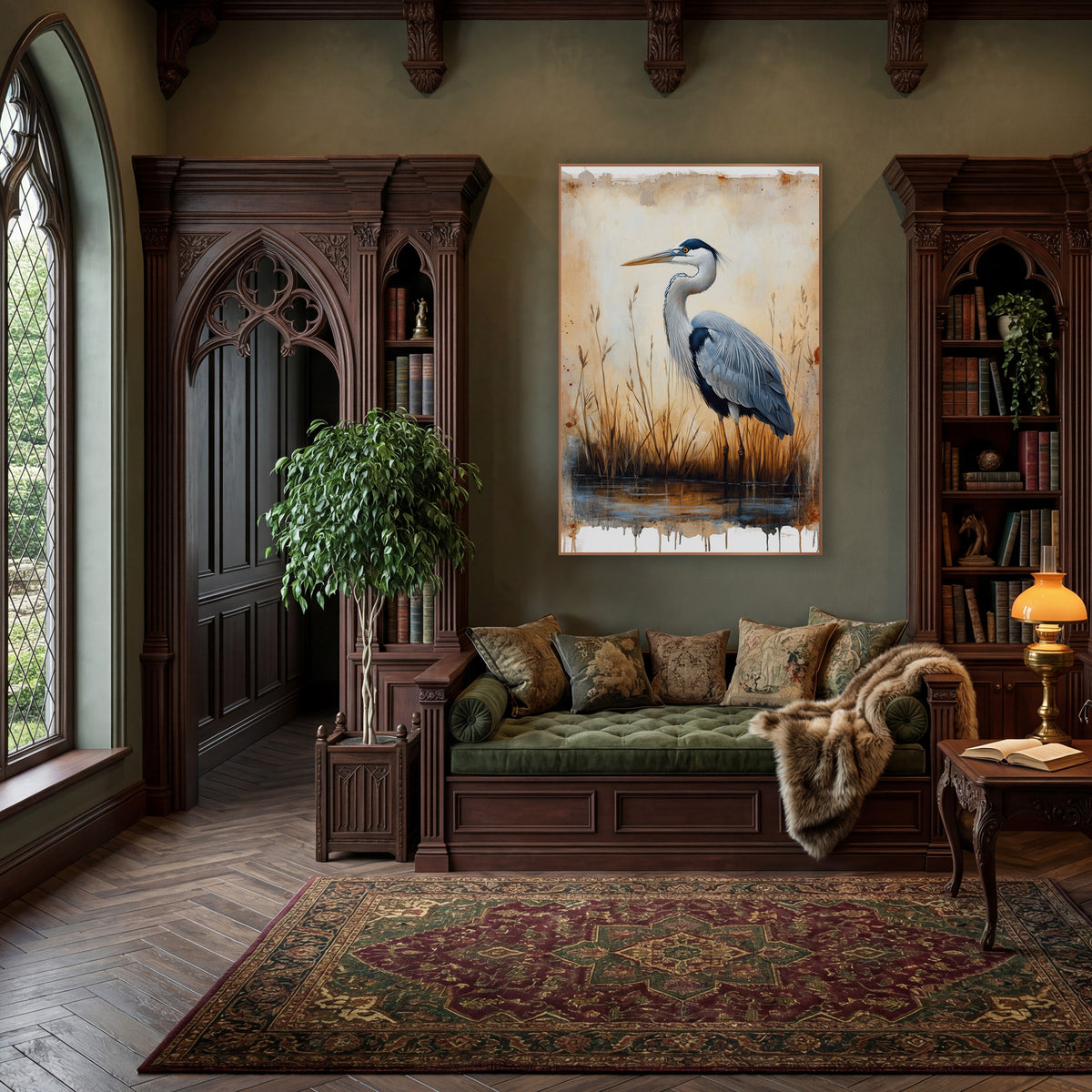Gray Heron Marsh Study Vintage wall art in a moody dark academia room – gray heron standing in still water among dry