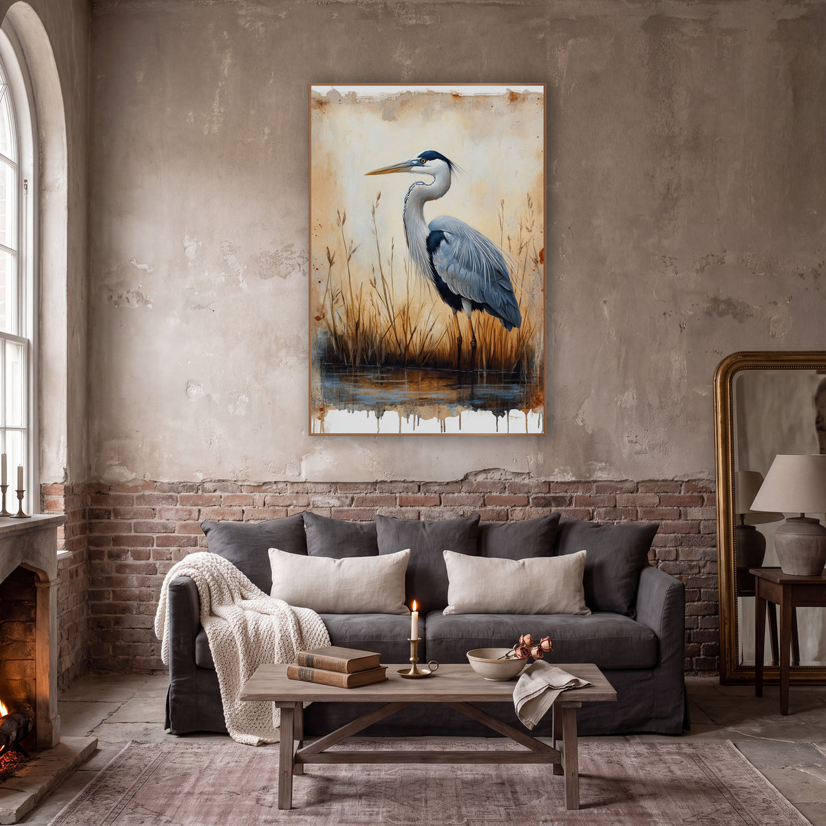 Gray Heron Marsh Study Vintage wall art in a moody dark academia room – gray heron standing in still water among dry