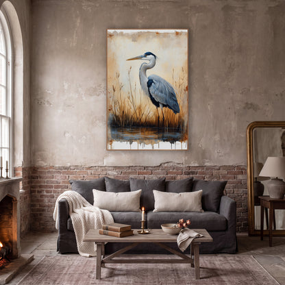 Gray Heron Marsh Study Vintage wall art in a moody dark academia room – gray heron standing in still water among dry