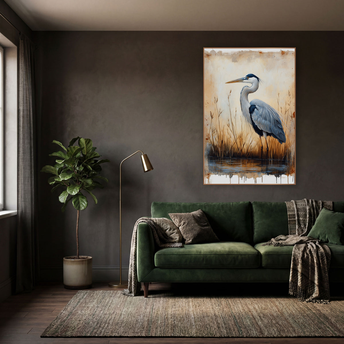 Gray Heron Marsh Study Vintage wall art in a moody dark academia room – gray heron standing in still water among dry