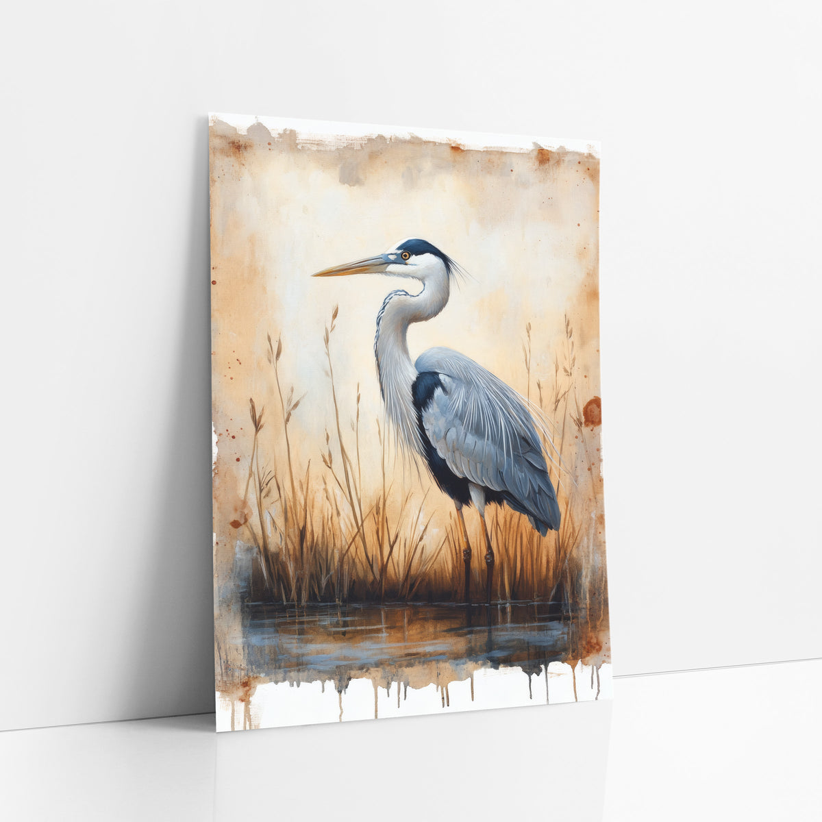 Gray Heron Marsh Study Vintage art print leaning against a white wall – gray heron standing in still water among dry reeds