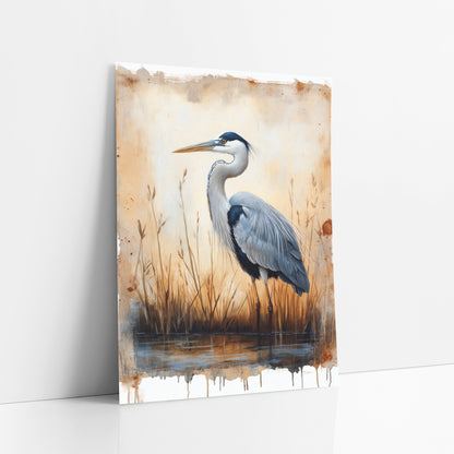 Gray Heron Marsh Study Vintage art print leaning against a white wall – gray heron standing in still water among dry reeds