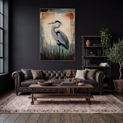 Gray Heron Rustic Grunge Bird wall art in a moody dark academia room – gray heron in profile among dark reeds
