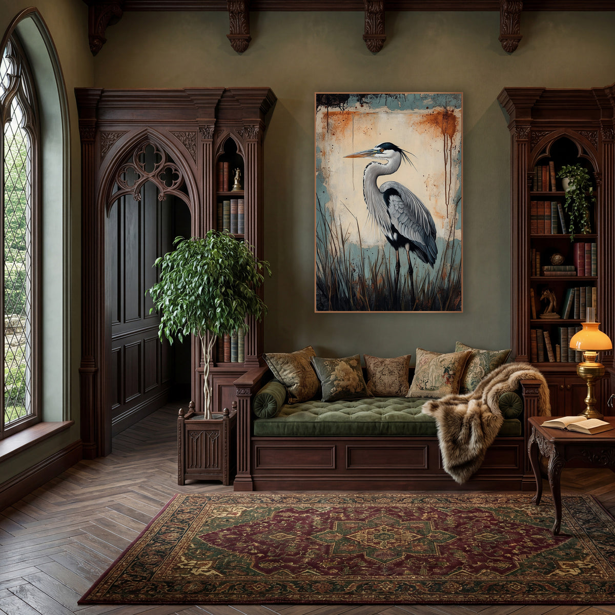 Gray Heron Rustic Grunge Bird wall art in a moody dark academia room – gray heron in profile among dark reeds