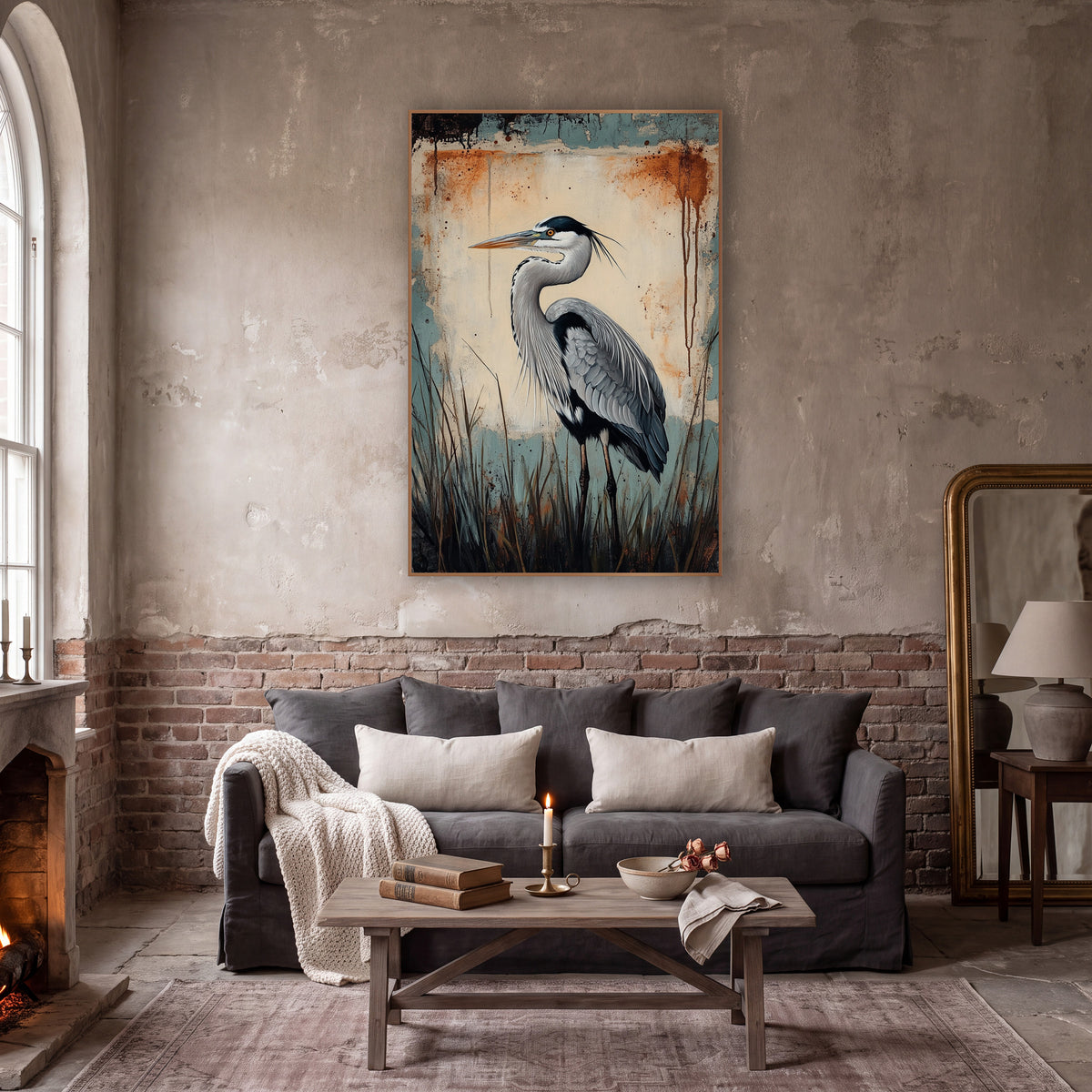 Gray Heron Rustic Grunge Bird wall art in a moody dark academia room – gray heron in profile among dark reeds