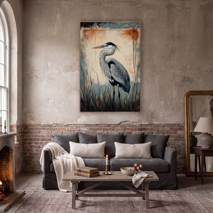 Gray Heron Rustic Grunge Bird wall art in a moody dark academia room – gray heron in profile among dark reeds