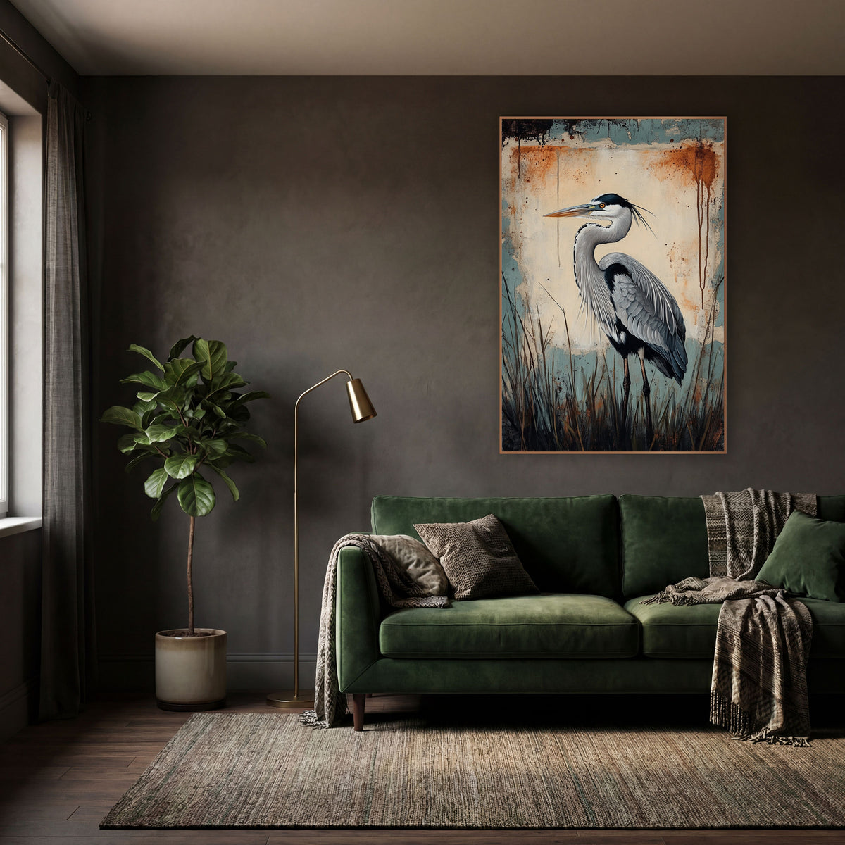 Gray Heron Rustic Grunge Bird wall art in a moody dark academia room – gray heron in profile among dark reeds