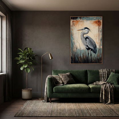 Gray Heron Rustic Grunge Bird wall art in a moody dark academia room – gray heron in profile among dark reeds