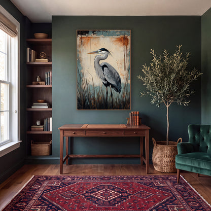 Gray Heron Rustic Grunge Bird wall art in a moody dark academia room – gray heron in profile among dark reeds