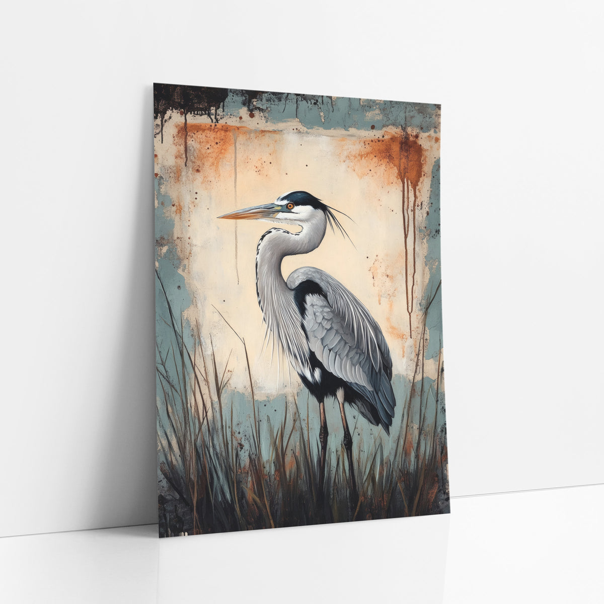 Gray Heron Rustic Grunge Bird art print leaning against a white wall – gray heron in profile among dark reeds