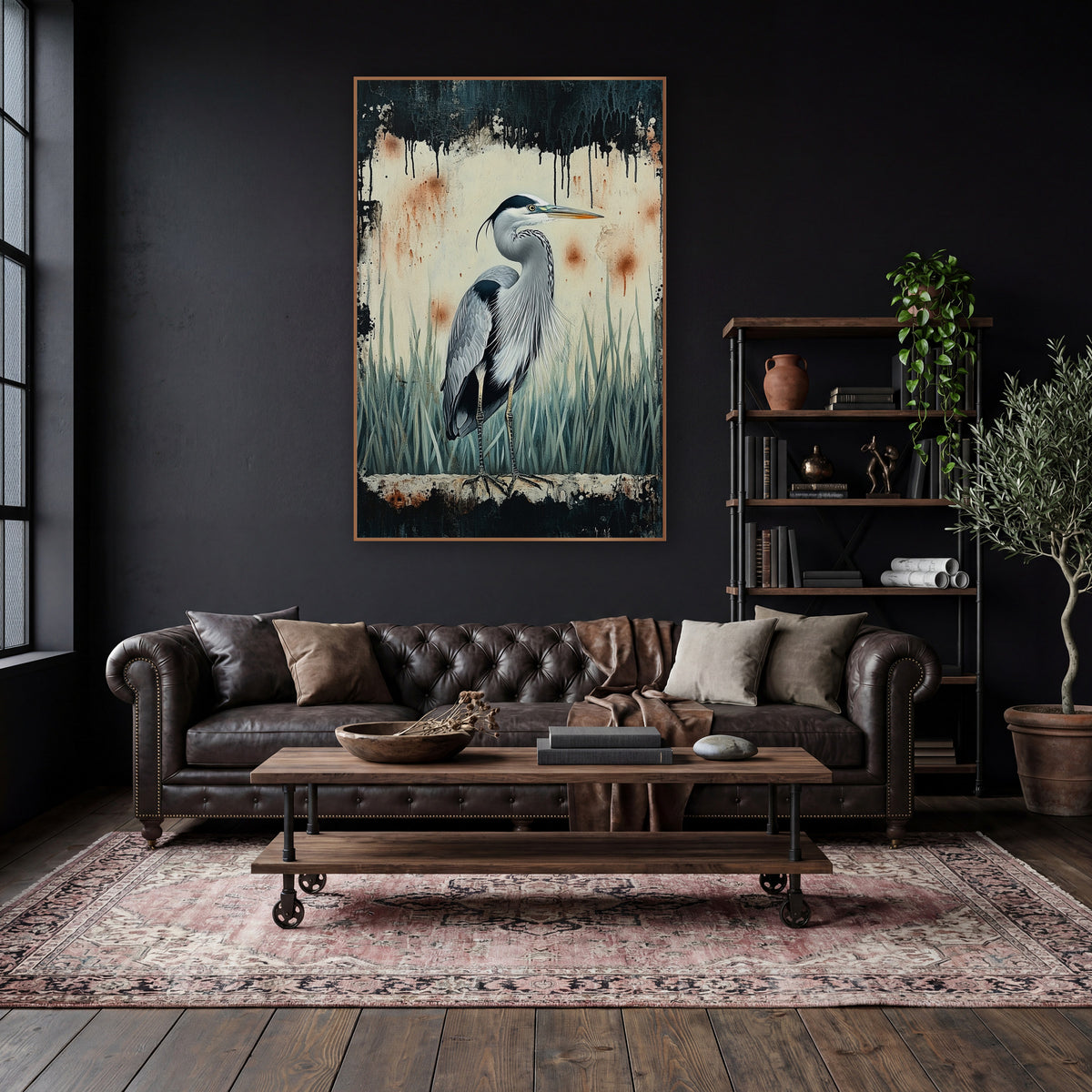 Pale Reed Heron Dark Frame Moody wall art in a moody dark academia room – grey heron standing in pale marsh grasses