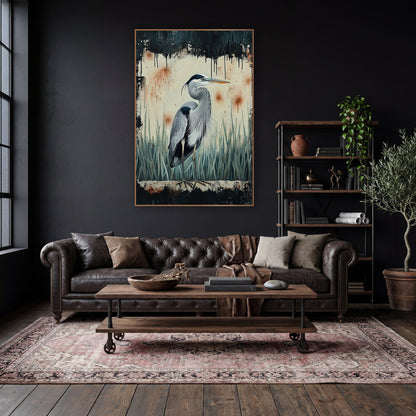 Pale Reed Heron Dark Frame Moody wall art in a moody dark academia room – grey heron standing in pale marsh grasses