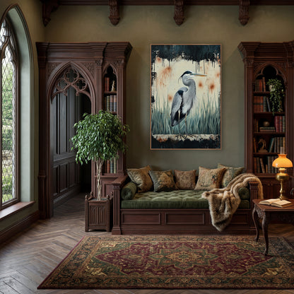 Pale Reed Heron Dark Frame Moody wall art in a moody dark academia room – grey heron standing in pale marsh grasses