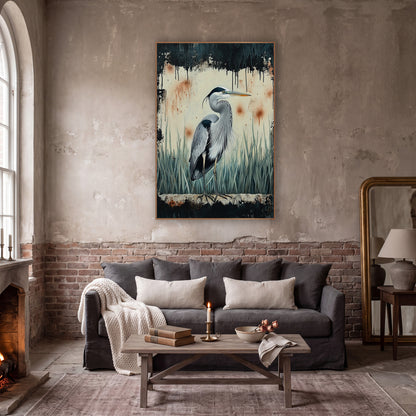 Pale Reed Heron Dark Frame Moody wall art in a moody dark academia room – grey heron standing in pale marsh grasses