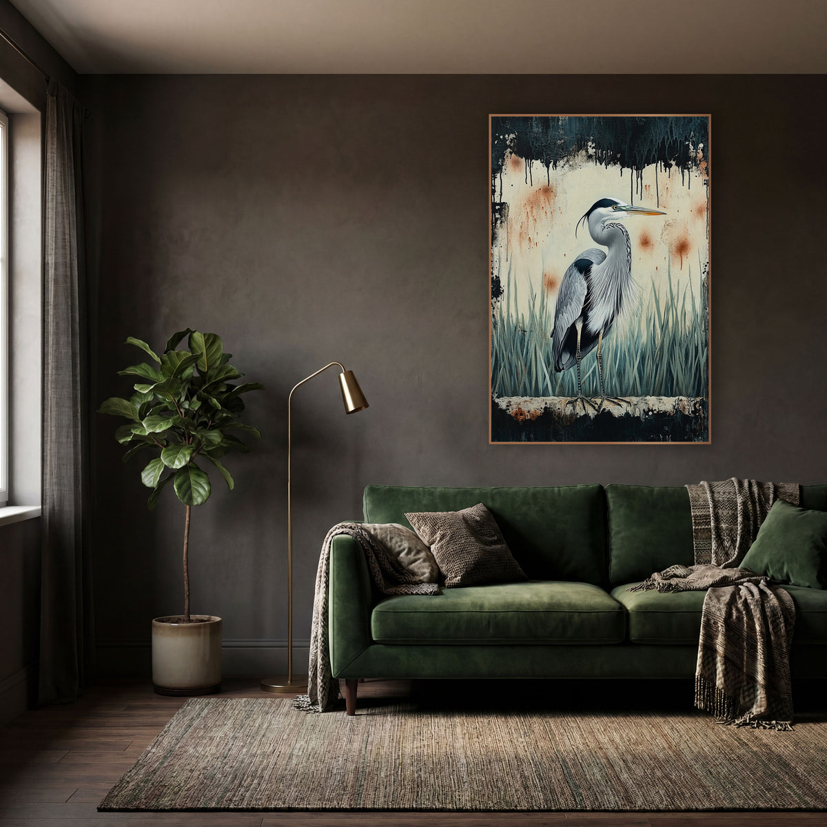 Pale Reed Heron Dark Frame Moody wall art in a moody dark academia room – grey heron standing in pale marsh grasses