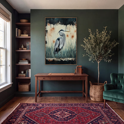 Pale Reed Heron Dark Frame Moody wall art in a moody dark academia room – grey heron standing in pale marsh grasses
