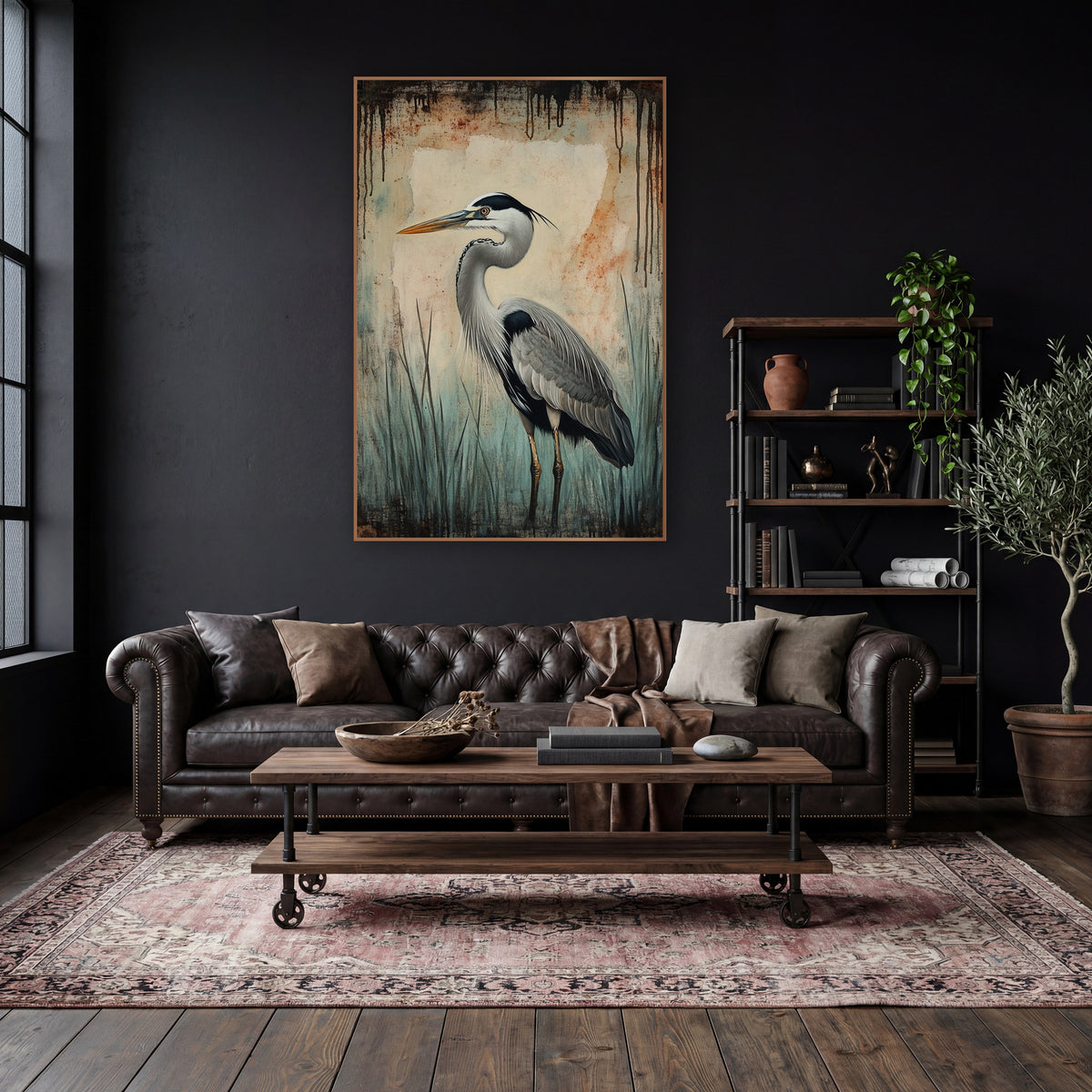 Teal Mist Heron Rust Streaked Classic wall art in a moody dark academia room – grey heron in profile among teal marsh