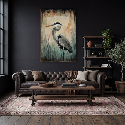 Teal Mist Heron Rust Streaked Classic wall art in a moody dark academia room – grey heron in profile among teal marsh