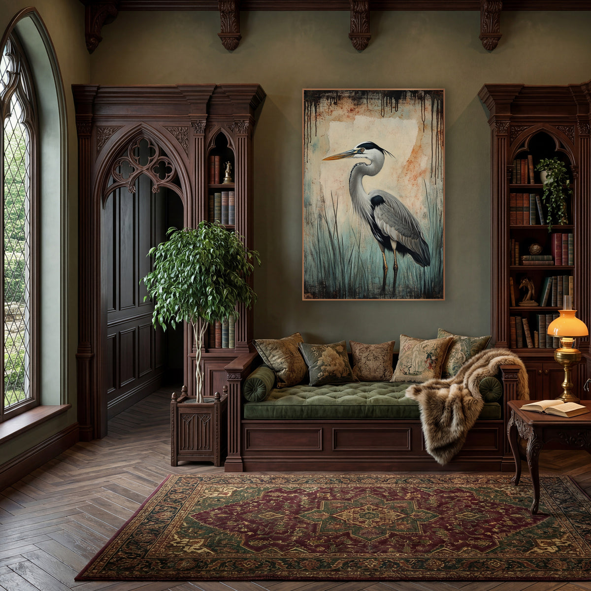 Teal Mist Heron Rust Streaked Classic wall art in a moody dark academia room – grey heron in profile among teal marsh