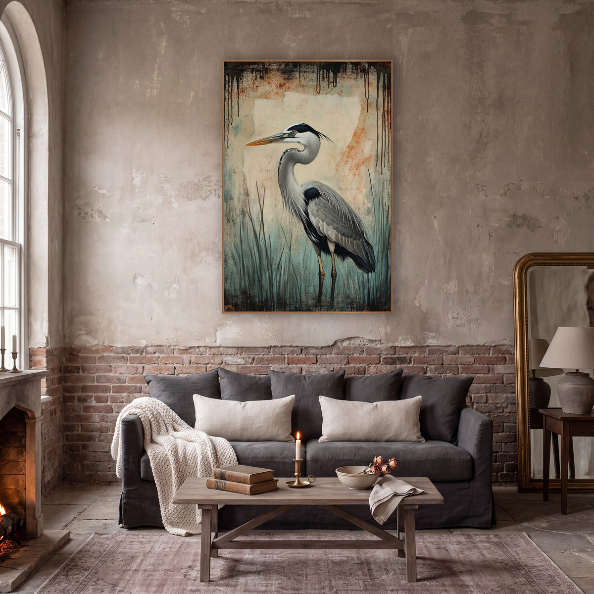Teal Mist Heron Rust Streaked Classic wall art in a moody dark academia room – grey heron in profile among teal marsh