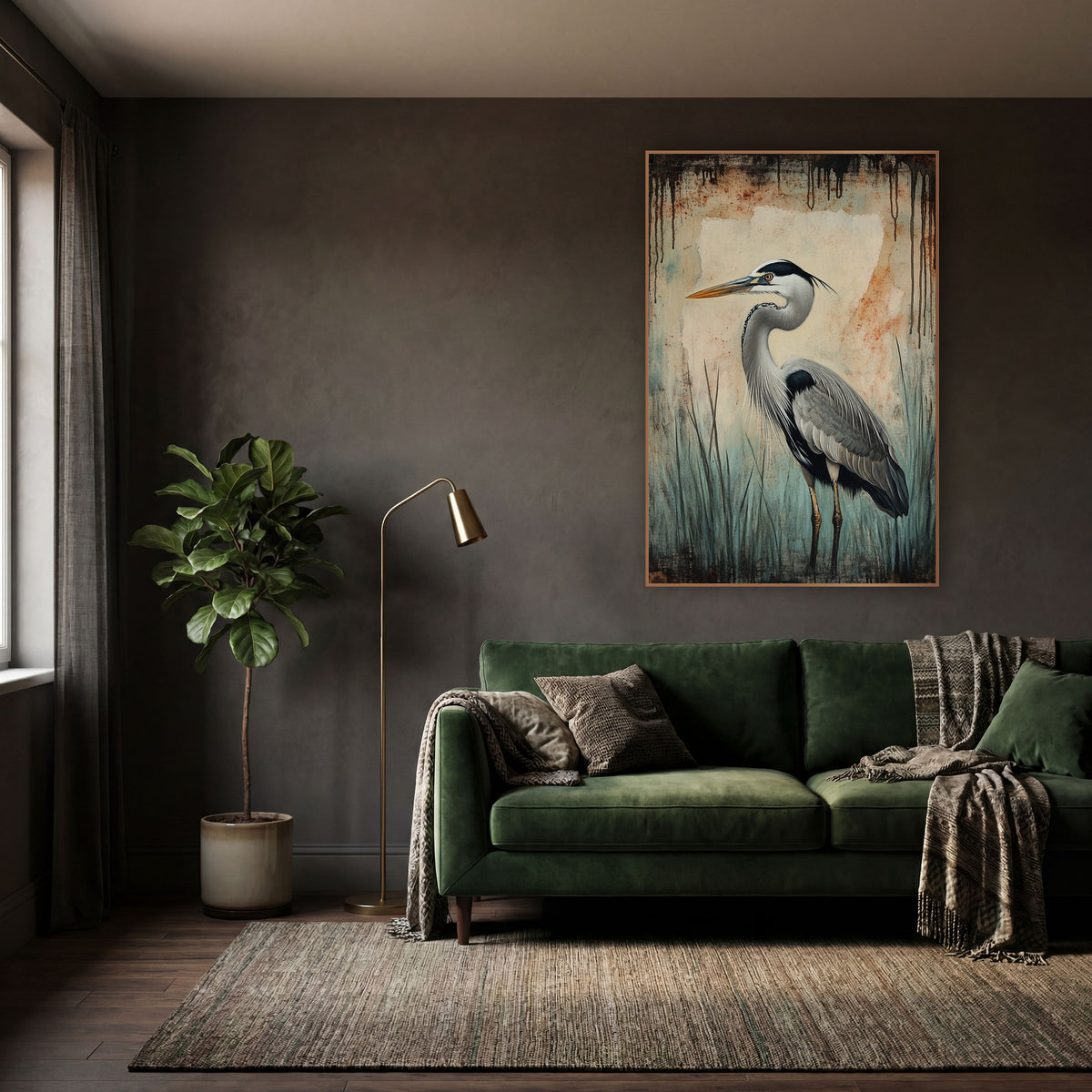 Teal Mist Heron Rust Streaked Classic wall art in a moody dark academia room – grey heron in profile among teal marsh
