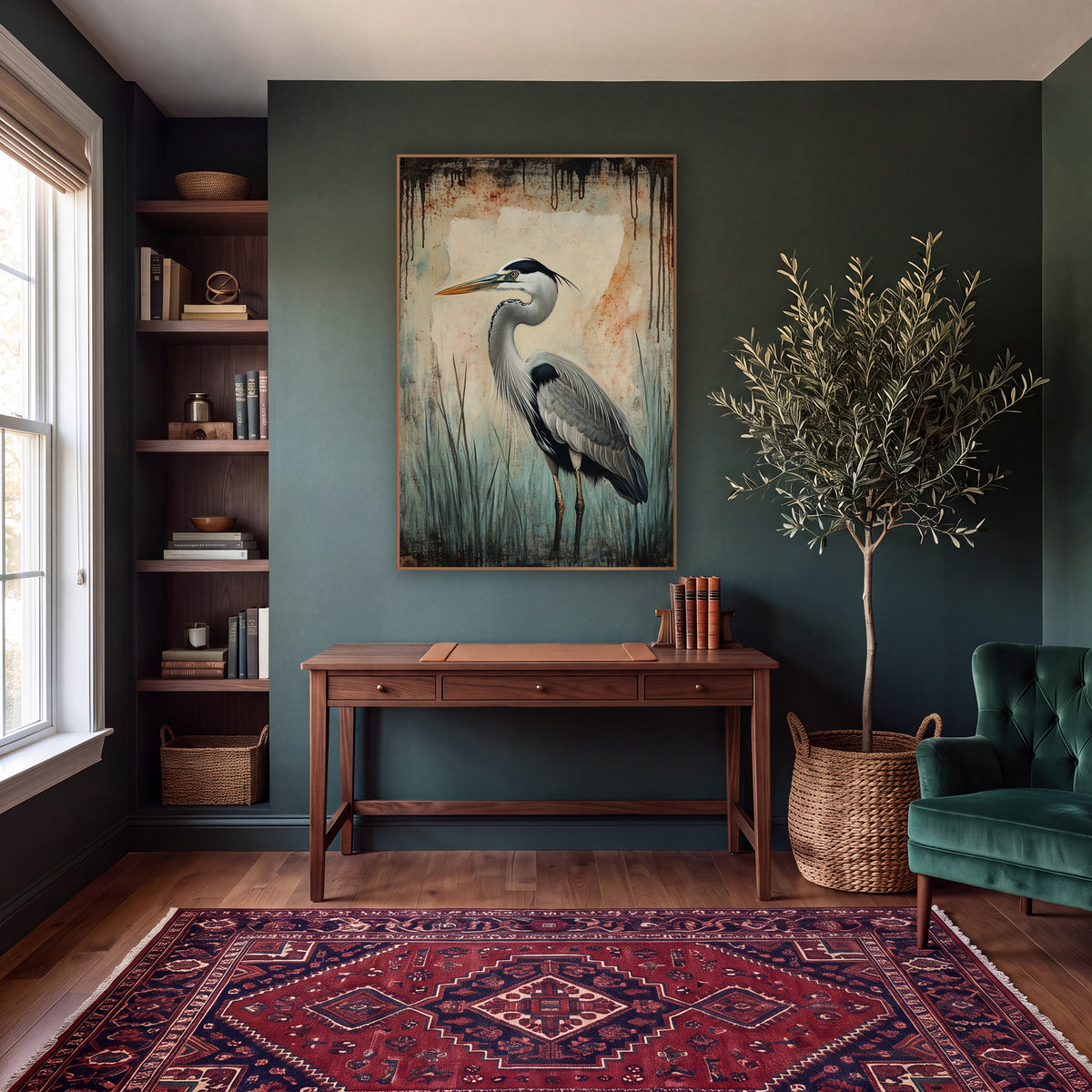 Teal Mist Heron Rust Streaked Classic wall art in a moody dark academia room – grey heron in profile among teal marsh