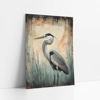 Teal Mist Heron Rust Streaked Classic art print leaning against a white wall – grey heron in profile among teal marsh grasses