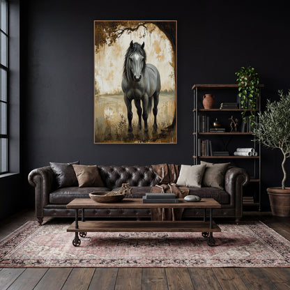 Gray Horse Under Old Tree wall art in a moody dark academia room – gray horse with black mane standing under a large