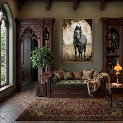 Gray Horse Under Old Tree wall art in a moody dark academia room – gray horse with black mane standing under a large