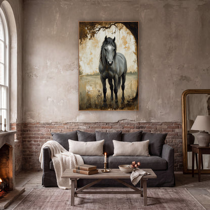 Gray Horse Under Old Tree wall art in a moody dark academia room – gray horse with black mane standing under a large