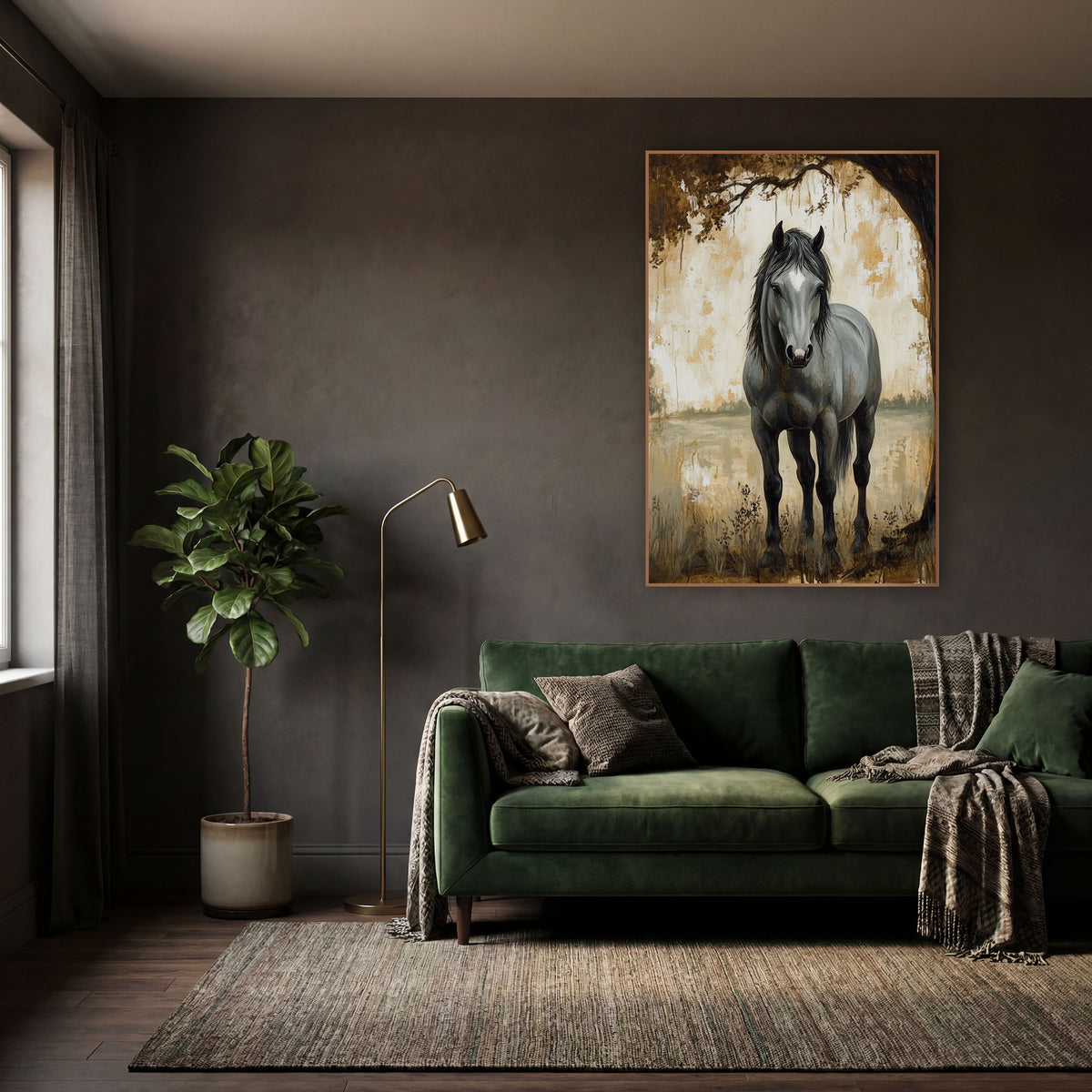 Gray Horse Under Old Tree wall art in a moody dark academia room – gray horse with black mane standing under a large