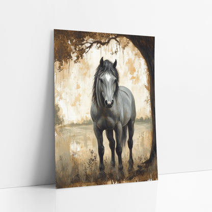 Gray Horse Under Old Tree art print leaning against a white wall – gray horse with black mane standing under a large tree