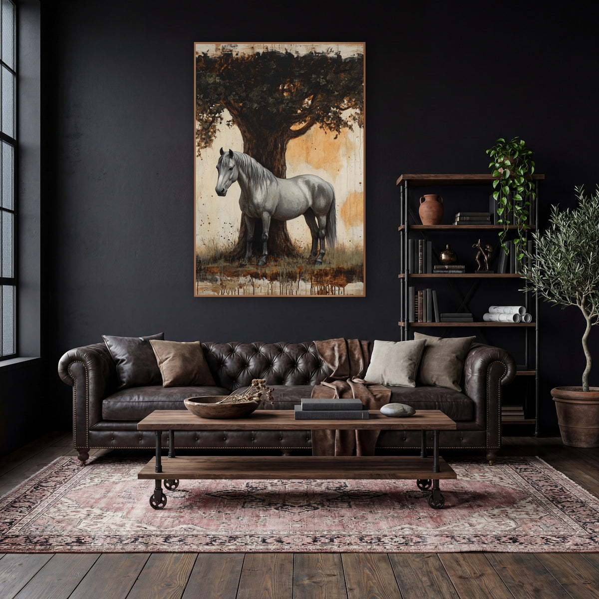 Grey Horse Under Oak Rustic wall art in a moody dark academia room – grey horse standing beside a large oak trunk