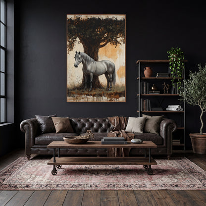 Grey Horse Under Oak Rustic wall art in a moody dark academia room – grey horse standing beside a large oak trunk