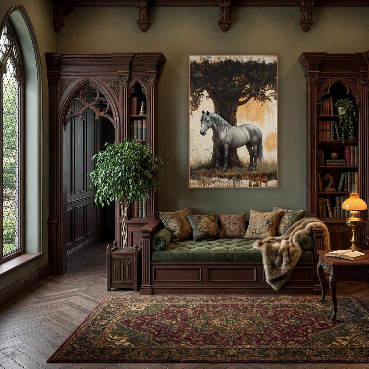 Grey Horse Under Oak Rustic wall art in a moody dark academia room – grey horse standing beside a large oak trunk