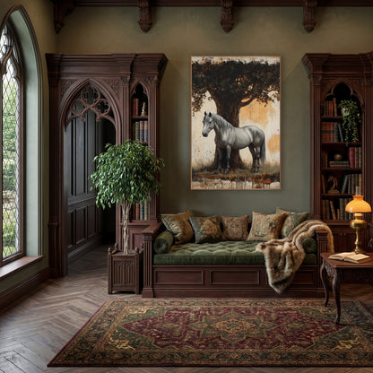 Grey Horse Under Oak Rustic wall art in a moody dark academia room – grey horse standing beside a large oak trunk
