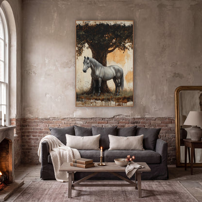 Grey Horse Under Oak Rustic wall art in a moody dark academia room – grey horse standing beside a large oak trunk