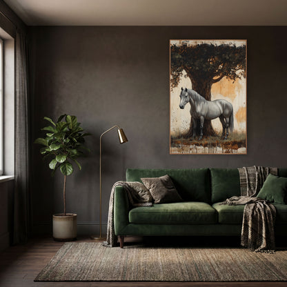 Grey Horse Under Oak Rustic wall art in a moody dark academia room – grey horse standing beside a large oak trunk