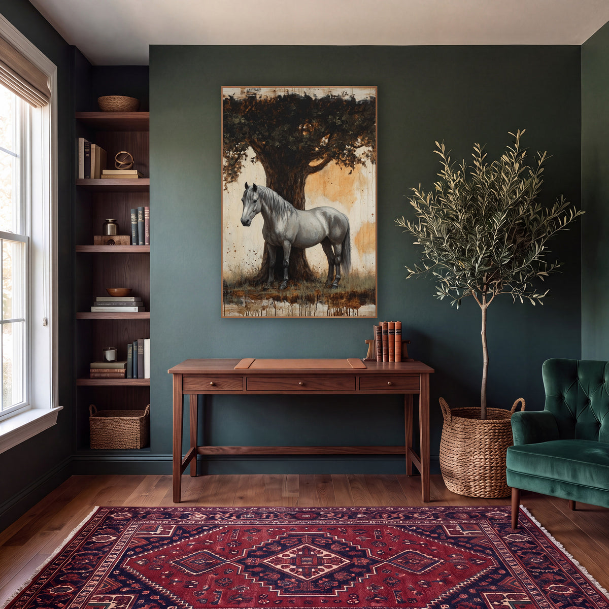 Grey Horse Under Oak Rustic wall art in a moody dark academia room – grey horse standing beside a large oak trunk