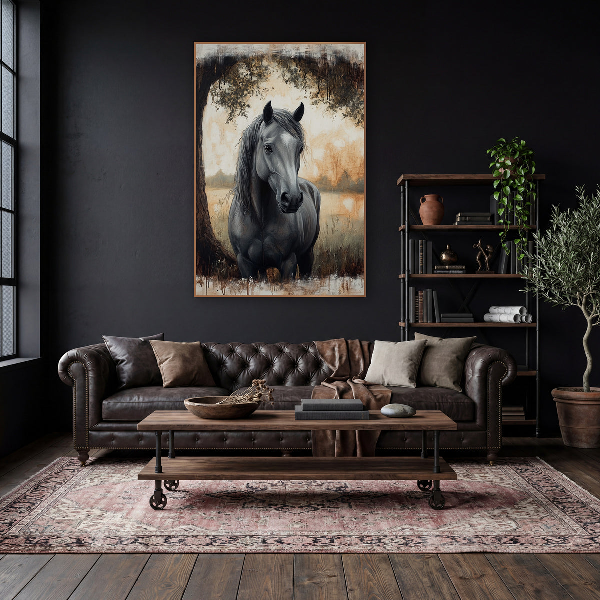 Grey Horse Under Oak Moody wall art in a moody dark academia room – grey horse with long dark mane standing