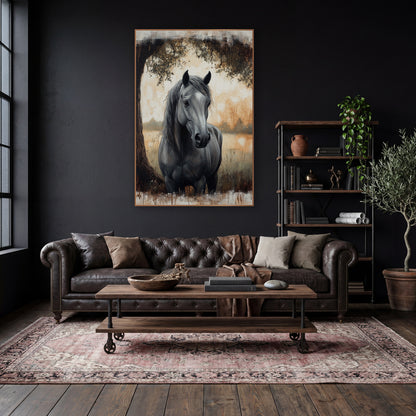 Grey Horse Under Oak Moody wall art in a moody dark academia room – grey horse with long dark mane standing