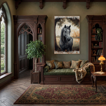 Grey Horse Under Oak Moody wall art in a moody dark academia room – grey horse with long dark mane standing