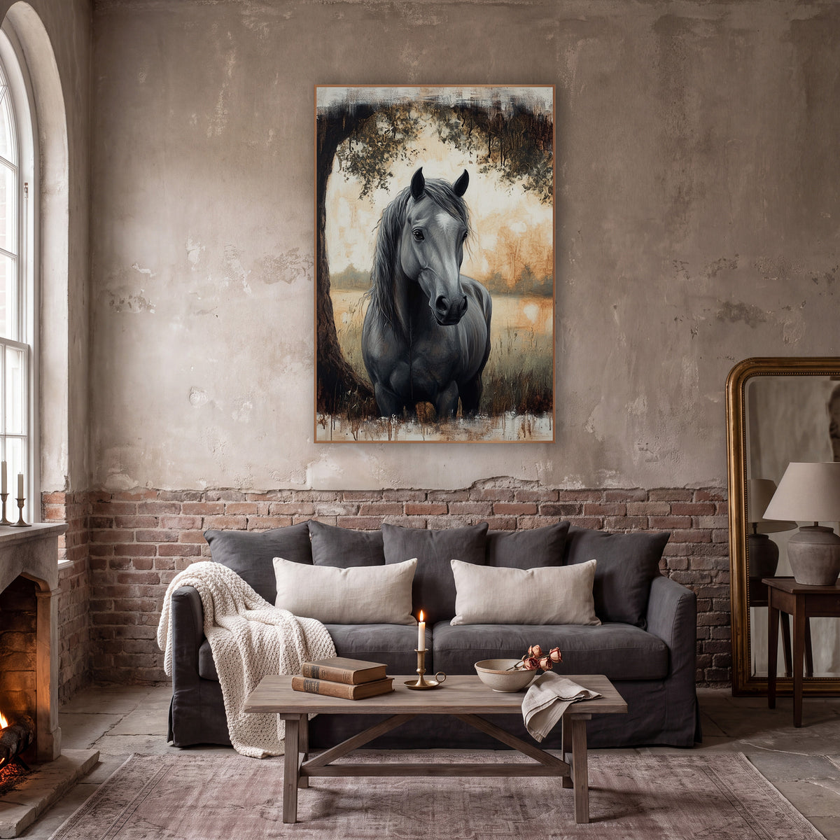 Grey Horse Under Oak Moody wall art in a moody dark academia room – grey horse with long dark mane standing
