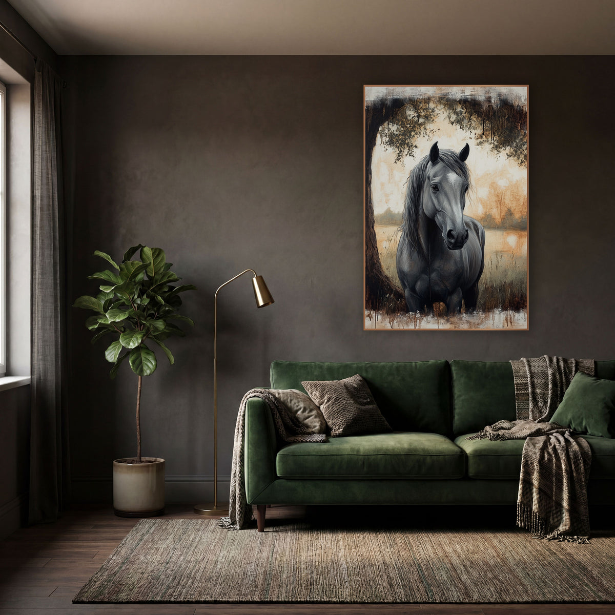 Grey Horse Under Oak Moody wall art in a moody dark academia room – grey horse with long dark mane standing