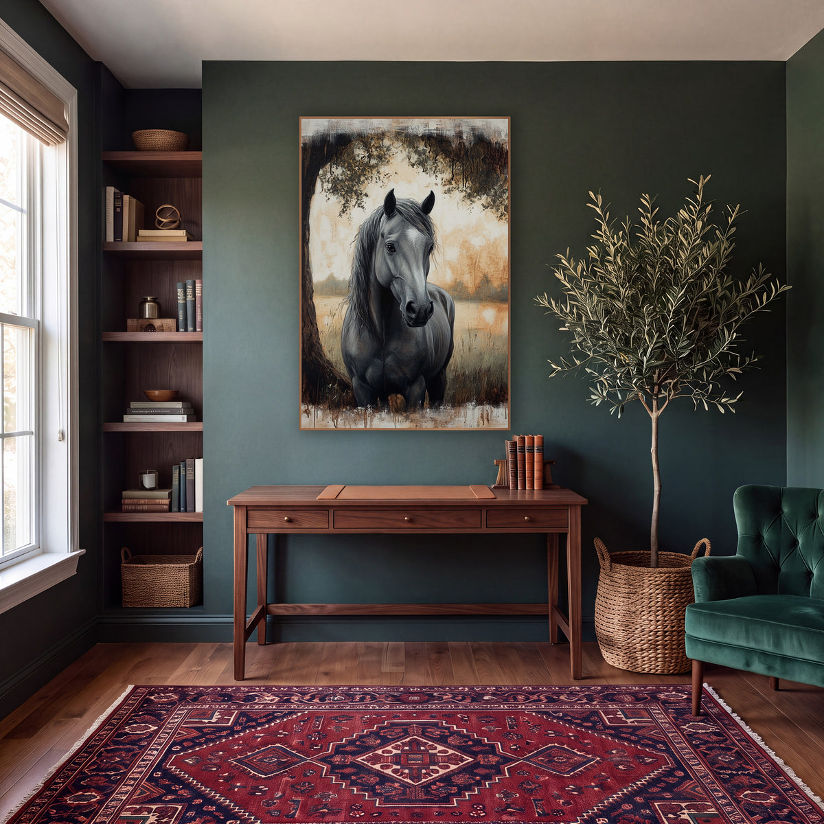 Grey Horse Under Oak Moody wall art in a moody dark academia room – grey horse with long dark mane standing