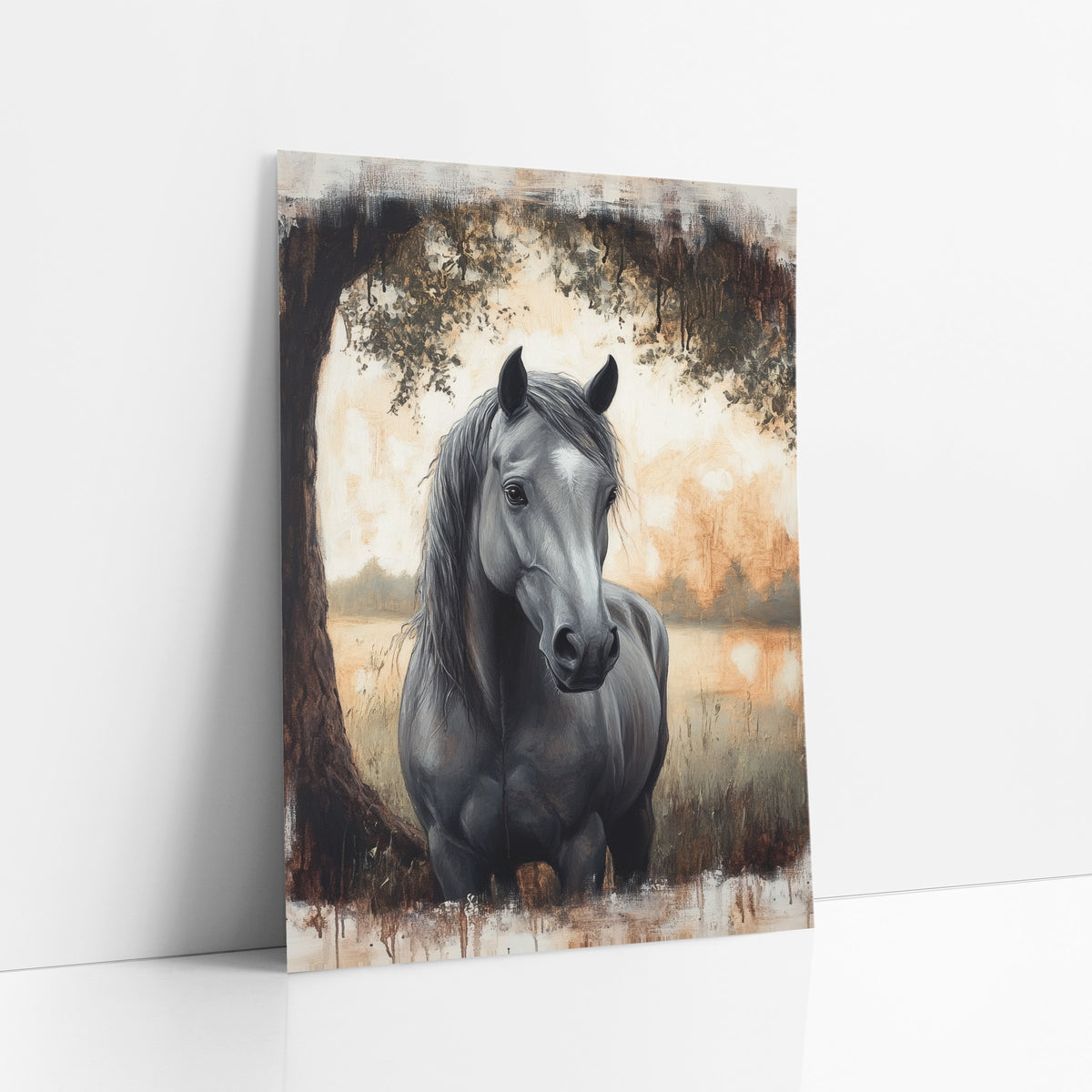 Grey Horse Under Oak Moody art print leaning against a white wall – grey horse with long dark mane standing under a large