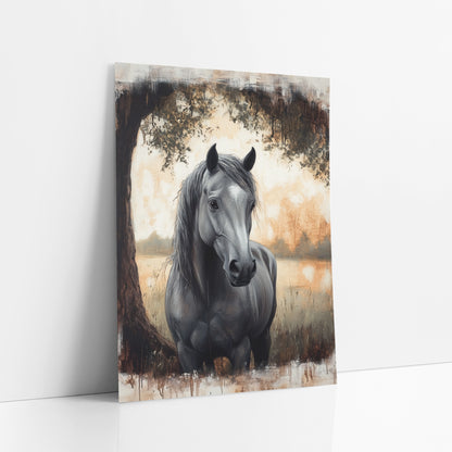 Grey Horse Under Oak Moody art print leaning against a white wall – grey horse with long dark mane standing under a large