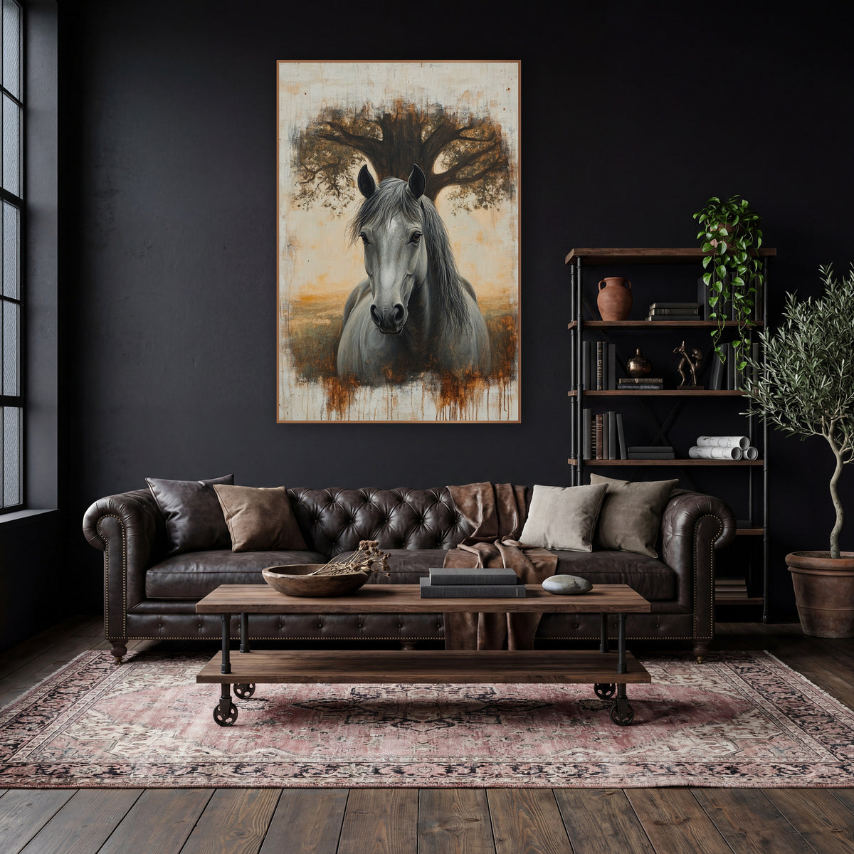 Grey Horse Oak Tree Portrait wall art in a moody dark academia room – grey horse facing forward in front of a wide