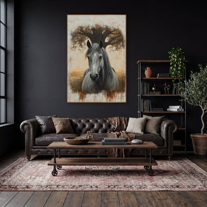 Grey Horse Oak Tree Portrait wall art in a moody dark academia room – grey horse facing forward in front of a wide